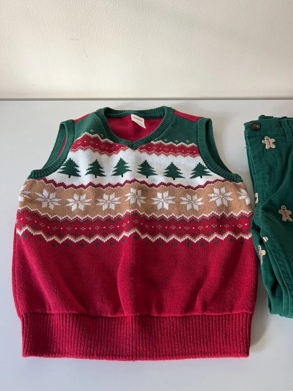 Gymboree Boy's Christmas Outfit, Gingerbread Pants, Tree Vest, White Shirt | 5T
